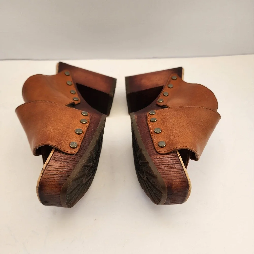 Korks Tan Crossover Studded Platform Clog Sandals Wood Block Heel Retro Boho Sz6
